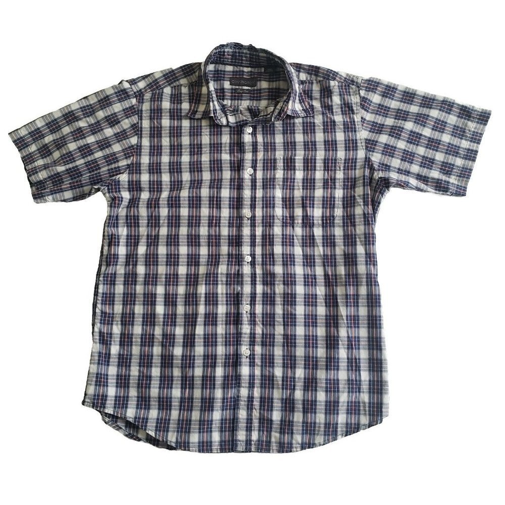 Covington Men's Easy Care Button Up Down Shirt Medium Blue Plaid Short Sleeves